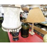 Three table lamps, to include a metal cannister lamp, turned onyx lamp and a stoneware lamp with two