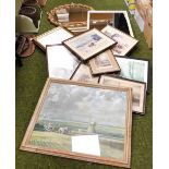 Various pictures, prints and mirrors, to include hunting scenes, after Robin Wheeldon hay stack scen