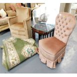 Various furniture and effects, to include a green rug and bedroom chair, a nest of mahogany finish t