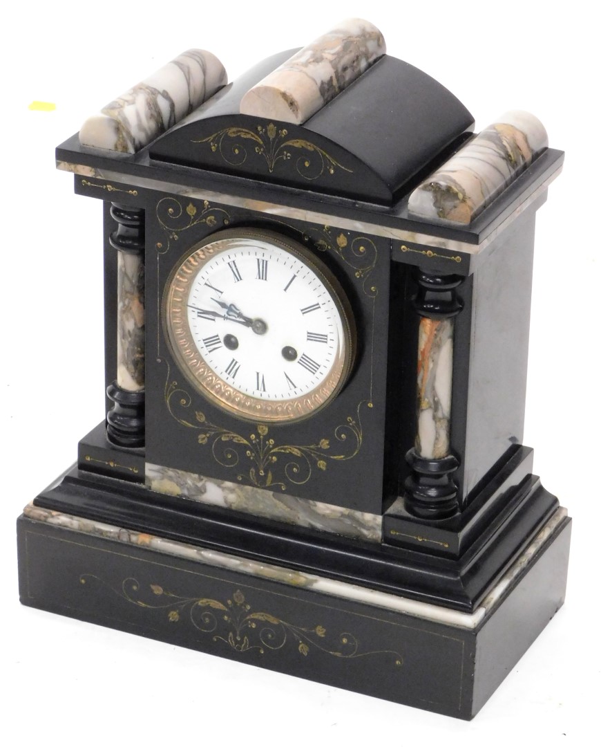 A French black slate and marble mantel clock, the white enamel dial with Roman numerals, 35cm high.
