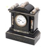 A French black slate and marble mantel clock, the white enamel dial with Roman numerals, 35cm high.