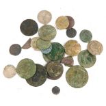 A quantity of excavated and other coins, to include some medieval silver, clipped coins, Roman, etc.