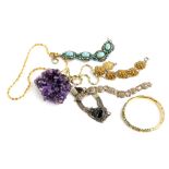 A group of costume jewellery, to include a filigree flower bracelet, two Eastern style silver plated