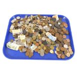 A large quantity of mainly foreign coins, to include a small amount of silver, stamps, banknotes,