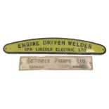 Two Lincoln related engine plaques for the engine driven welder made by GKN of Lincoln Electric