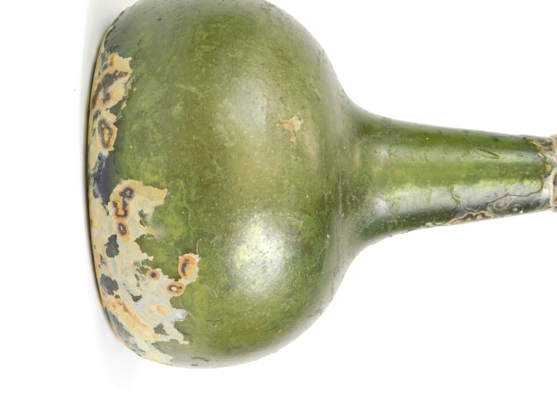 An 18thC green glass onion shaped wine bottle, signs of excavation, 19cm high. Reports are no longer - Image 2 of 4