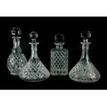 A cut glass ships decanter stopper, 26cm high, another similar, a square section decanter and