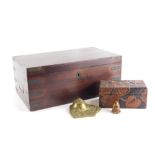 A mahogany and brass bound box, with side handles, a brass inkwell and a carved wooden oriental