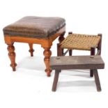 A late 19th/ early 20thC rustic stool, a mahogany stool on turned legs with a padded seat, and a