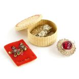 Filigree jewellery, comprising a red cabochon paste stone set brooch, white metal marked 925, 3.