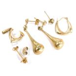 A group of 9ct gold and other loose earrings, to include one set with cultured pearl, and various