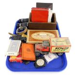 Miscellaneous items, to include a late tin plate toy money box, dress watches, cloth badges, three