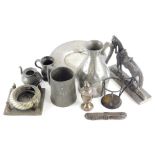 A collection of metalware, to include a pewter doorstop, hammered pewter plate, items of silver