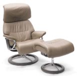 A Stressless beige leather adjustable armchair, on a circular base and a matching stool.