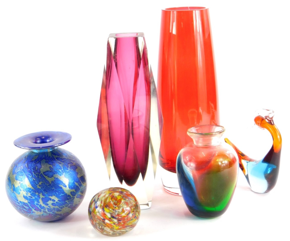 An iridescent art glass vase, with mottled decoration, 12cm high, and other art glass.