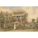 19thC colour print. Stagecoach and horse with guardsmen within a courtyard scene, watercolour,