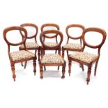 A set of six Victorian mahogany balloon back chairs, each with a drop in seat on turned legs, one