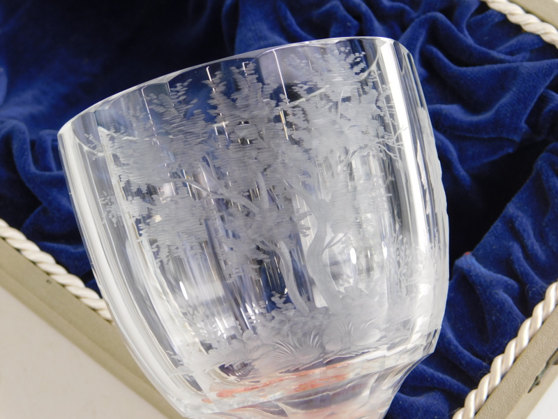 A Moser engraved glass goblet, with a faceted stem in presentation box, the goblet 18cm high. - Image 2 of 4