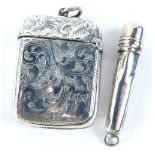 A late Victorian silver Vesta case, engraved with leaves, flowers, etc., Birmingham 1896, and a