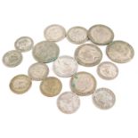 A collection of pre 1946 silver crowns, shillings, half crowns, approximately 144g.