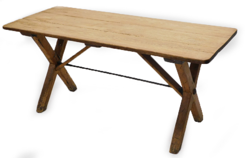 A 19thC pine tavern table, the rectangular planked top on X shaped supports with iron stretcher,
