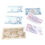 Two Bank of England £5 notes, Chief Cashier Gill, A Japanese Government 100 dollar note, and various