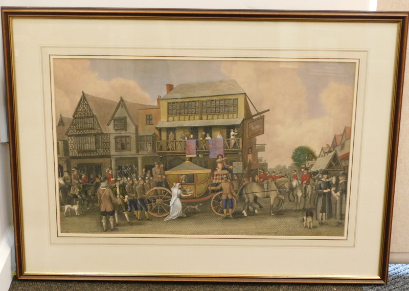 19thC colour print. Stagecoach and horse with guardsmen within a courtyard scene, watercolour, - Image 2 of 3