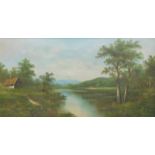 •20thC School. River landscape, oil on canvas, 60cm x 120cm, and five picture frames.