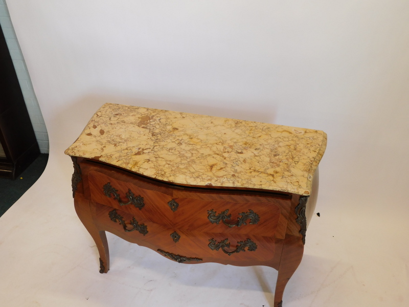 A French mahogany commode, with a serpentine shaped top with a variegated yellow marble, above two - Image 2 of 3