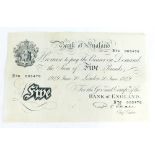 A Bank of England white £5 note issued 1949 June 30th, Chief Cashier Beale.
