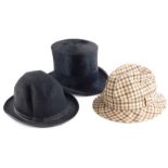 A Tress and Co London top hat, a tweed hat and a dress hat.