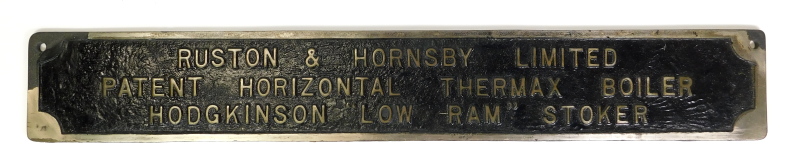 An engineering cast metal plaque for Ruston and Hornsby Limited, patent horizontal Thermax boiler,