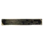 An engineering cast metal plaque for Ruston and Hornsby Limited, patent horizontal Thermax boiler,