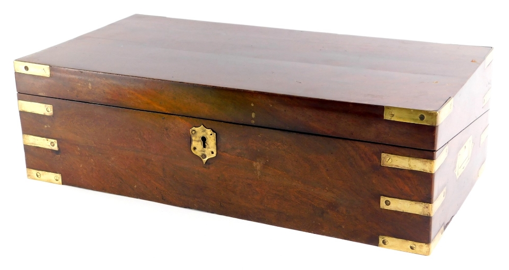A 19thC mahogany and brass bound campaign writing box, with fitted interior with baize