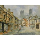 •20thC School. Lincoln Steep Hill, watercolour, indistinctly signed, 38cm x 51cm.