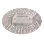 A Ruston Hornsby oval aluminium engine plaque, 16.5cm x 11cm.