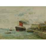 After Clymm. Prince's Landing Stage with American Liner Leaving, print, 19cm x 24 cm.