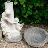 A moulded composition bird bath, the support modelled in the form of a lady with a child, 112cm