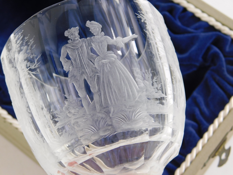 A Moser engraved glass goblet, with a faceted stem in presentation box, the goblet 18cm high. - Image 3 of 4