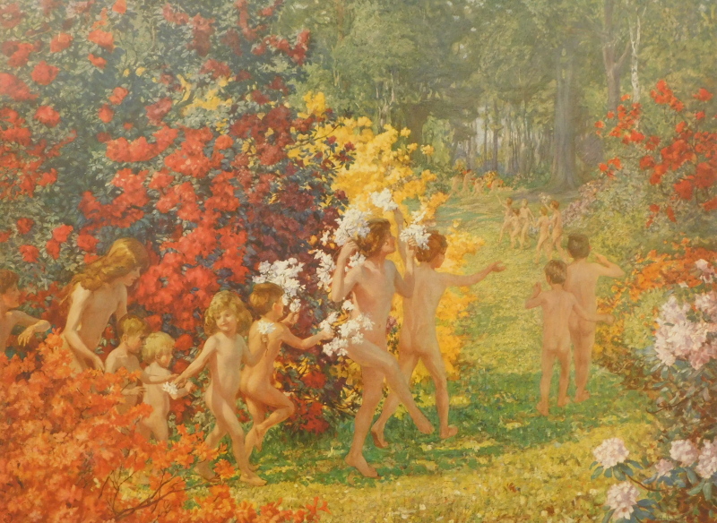 Arthur John Black (1855-1936). Nude children frolicking in a forest, artist signed print, signed