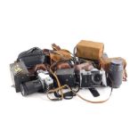 A collection of cameras, to include a Sony DVD Cine camera, a Tamron Auto focus lens, Zenit-e