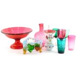 A collection of Victorian and later glass, to include a centrepiece, a claret jug, wine glasses,