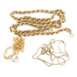 A group of 9ct gold and other pendants and chains, to include a 9ct gold fine box link chain, 43cm
