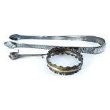 A collection of small silver, to include a pair of sugar tongs with bright cut decoration, a