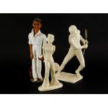 Three tennis player caricatures, to include a Chelsea pottery Studioware figure of a tennis