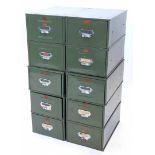 A pair of Veteran Series green metal vintage filing drawers, various sections, each 27cm wide.