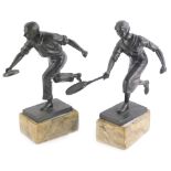 Early 20thC School. Male and female tennis players, bronzed spelter on an marble base, a pair 25cm