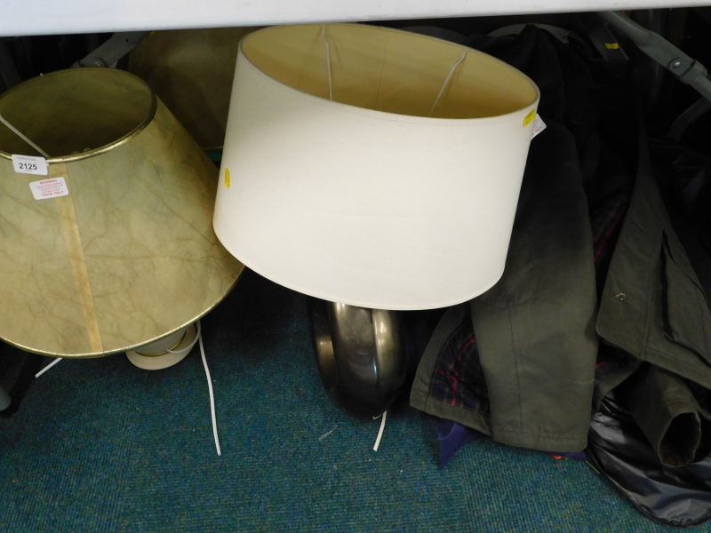 Various table lamps, gent's coats, etc., (contents under table).