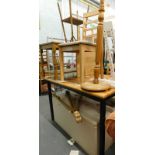 A pine kitchen table, three chairs, standard lamp, child's high chair, coffee table, bamboo table,