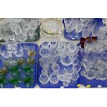 Glassware, to include drinking glasses, glass bowl with plated rim, glass jug, vase, (5 trays and